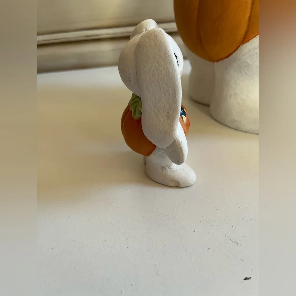 Vintage Easter Halloween Rabbit Bunny Figurines w/pumpkin stomach ceramic decor